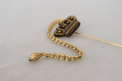 Gold Tone Brass Crown Studded Chain Pin Brooch