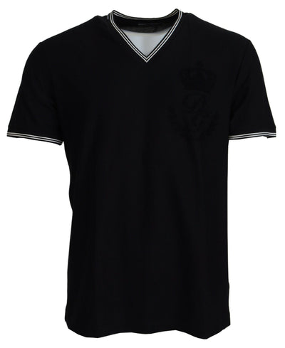 Black Cotton V-neck Short Sleeve T-shirt