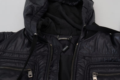Black Nylon Full Zip Hooded Bomber Jacket