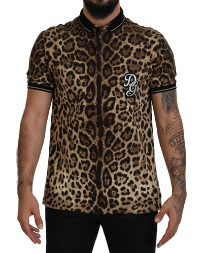 Brown Leopard Collared Men Casual T-shirt