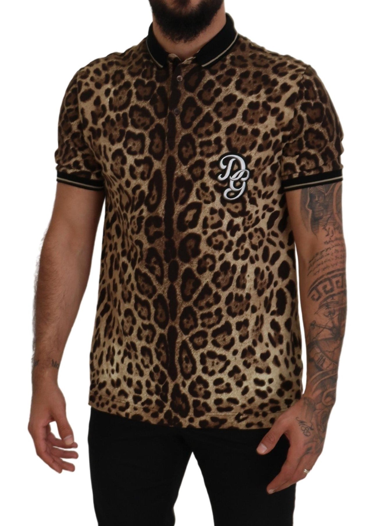 Brown Leopard Collared Men Casual T-shirt