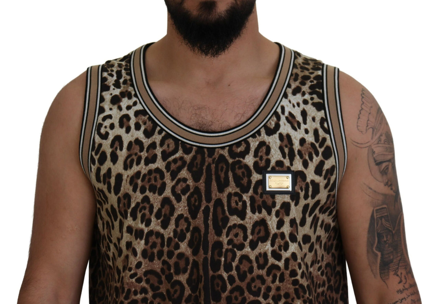 Brown Sleeveless Leopard Logo Plaque T-shirt