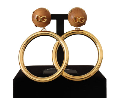 Gold Brass Brown Wood Hoop Clip-on Jewelry Dangling Earrings