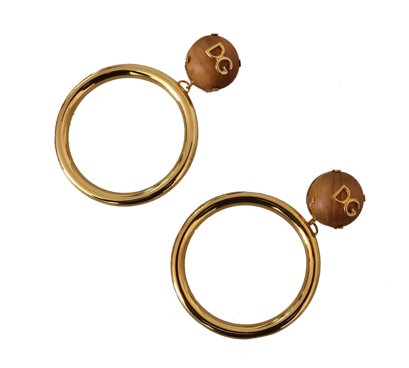 Gold Brass Brown Wood Hoop Clip-on Jewelry Dangling Earrings