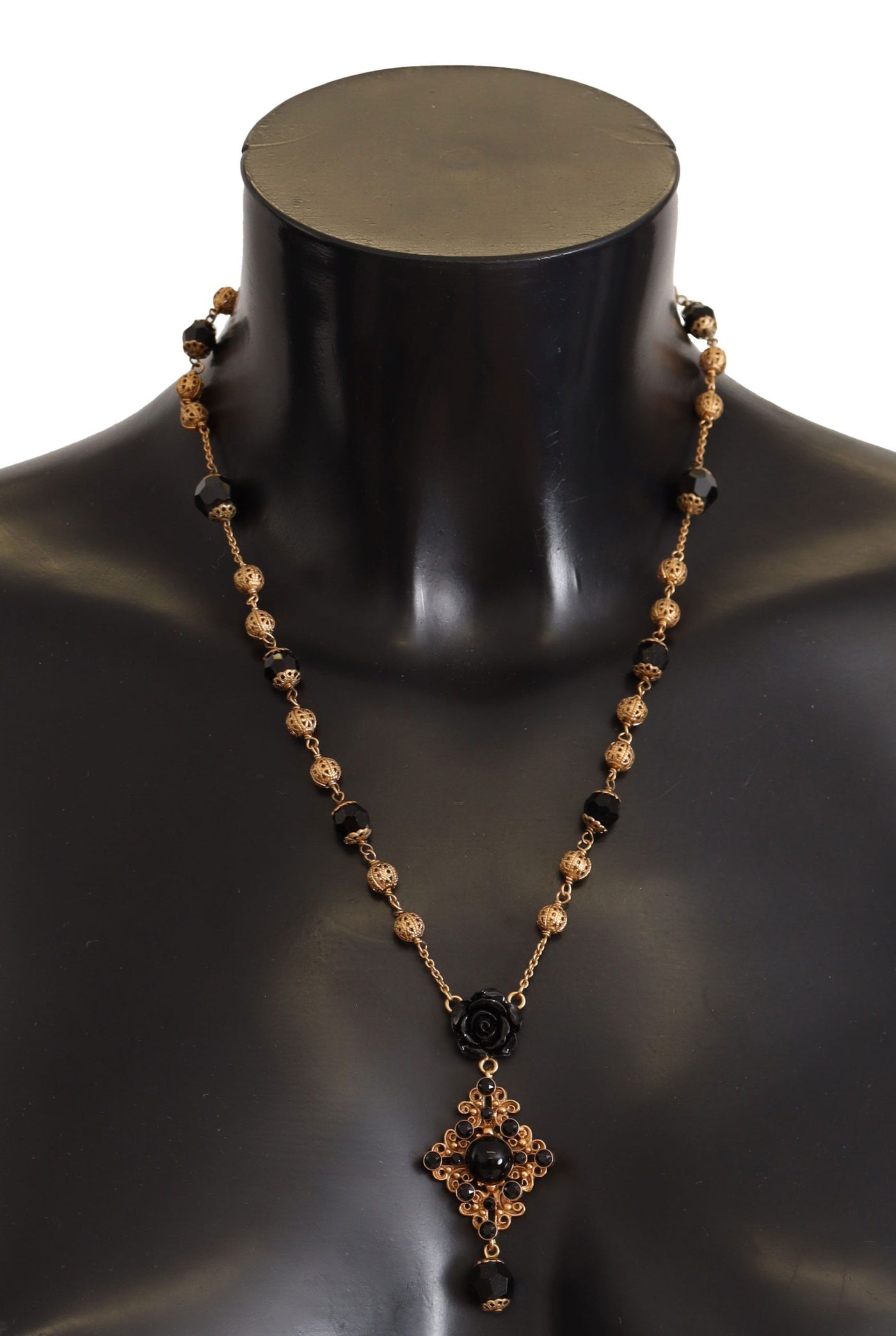 Gold Chain Brass Black Roses Beaded Statement Sicily Necklace