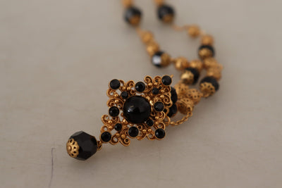 Gold Chain Brass Black Roses Beaded Statement Sicily Necklace