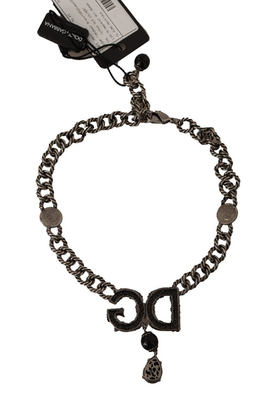 Silver Tone Brass Chain DG Logo Crystal Pendant Necklace