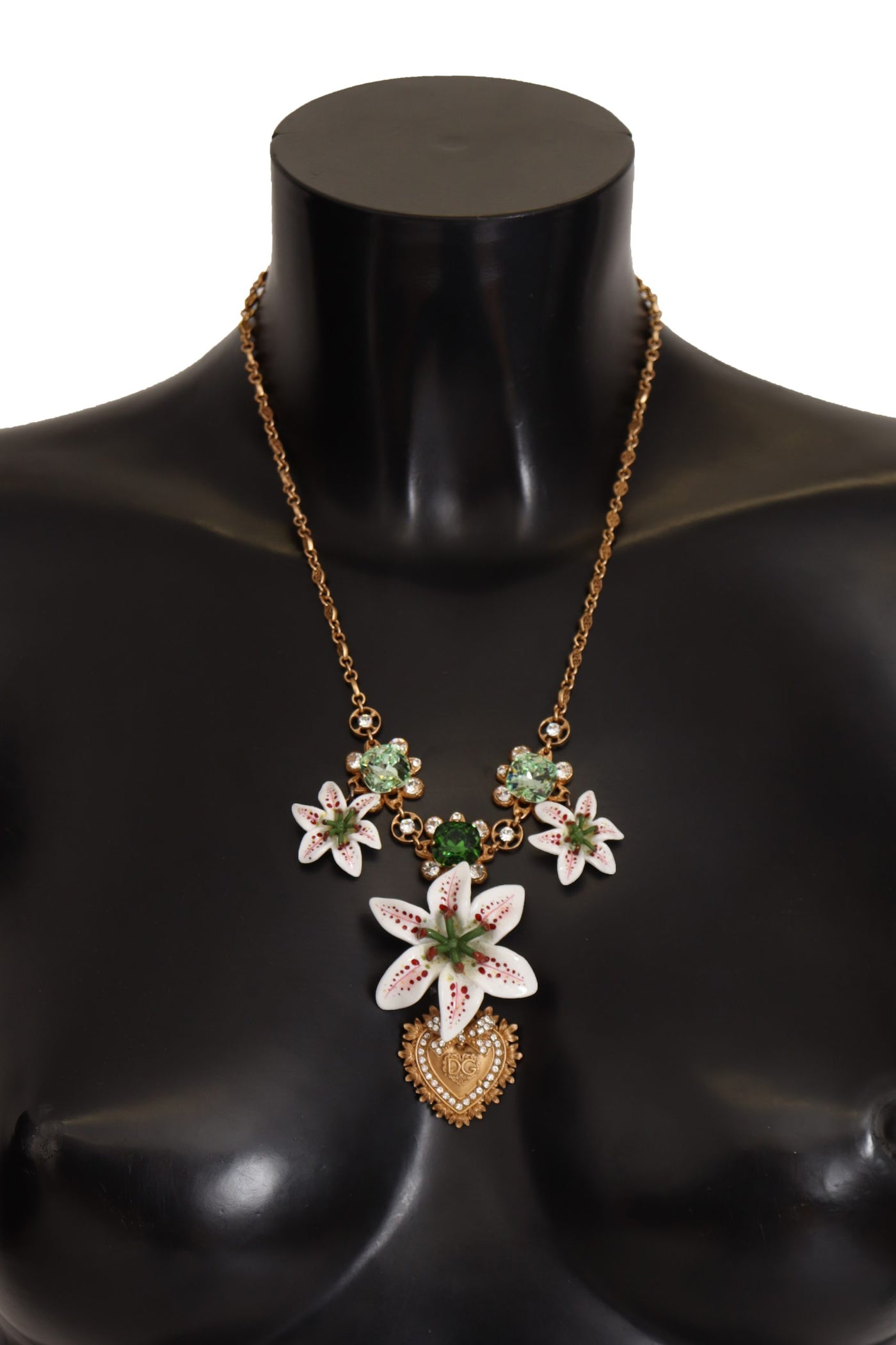 Gold Brass AMORE Heart Crystal Pendant Floral Necklace