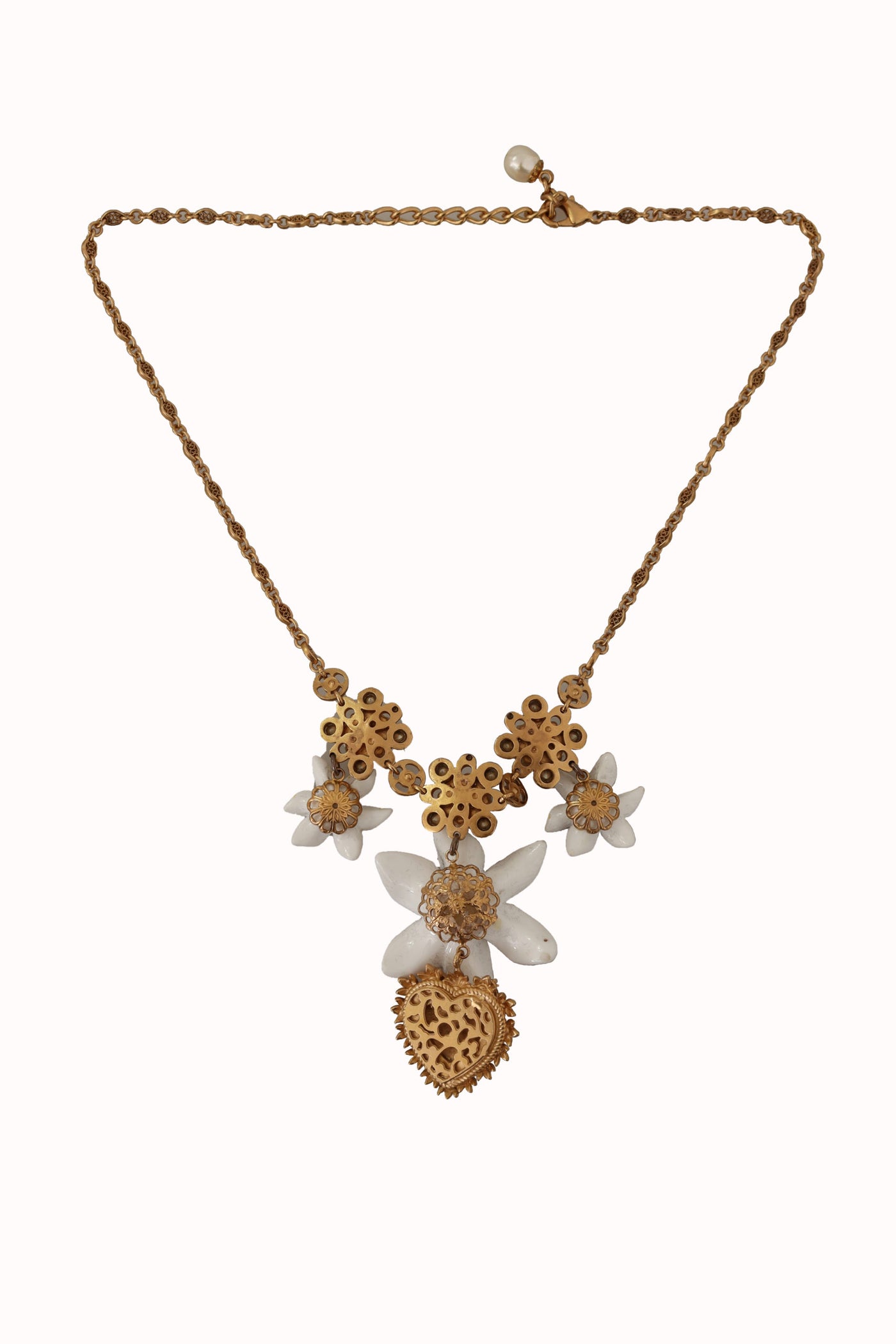 Gold Brass AMORE Heart Crystal Pendant Floral Necklace