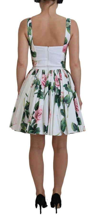 White Rose Print Cotton Stretch A-line Dress
