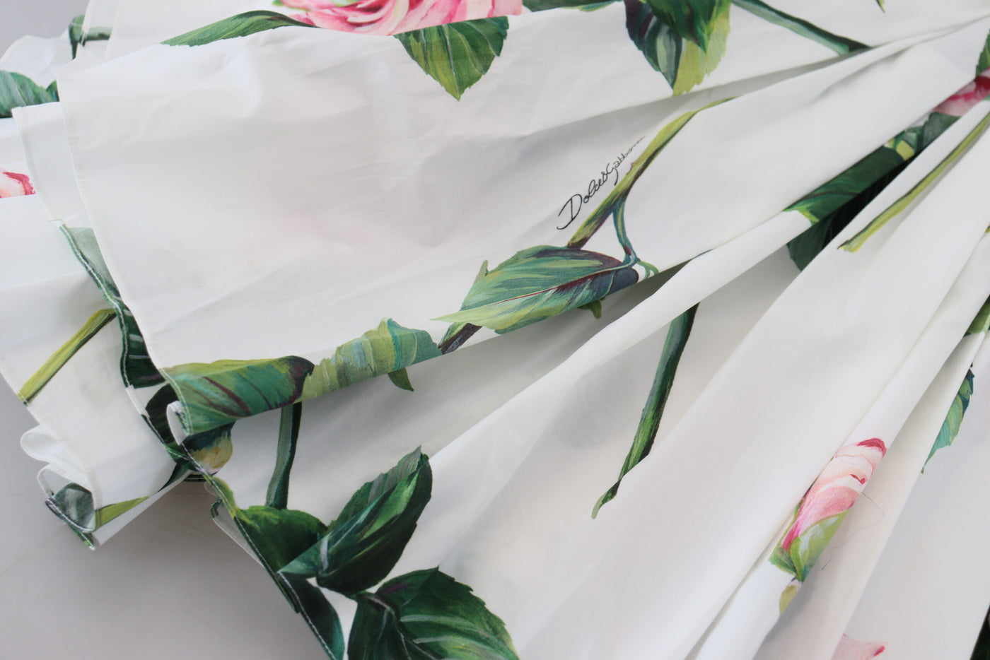 White Rose Print Cotton Stretch A-line Dress