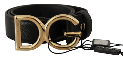 Black Leather Gold Metal DG Logo Waist Buckle Belt