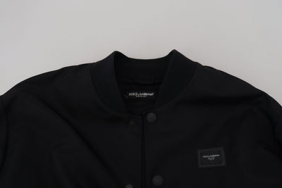 Black Nylon Logo Bomber Full Zipper Jacket