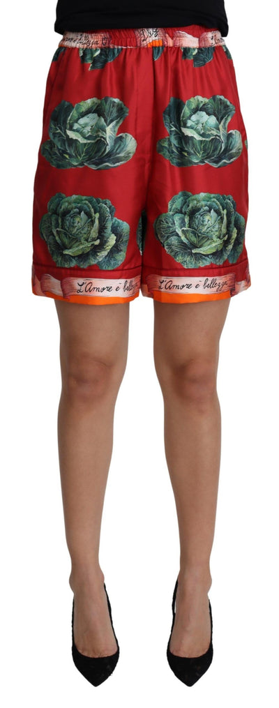 Red Cabbage Print Silk High Waist Shorts
