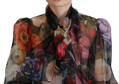 Black Floral Silk Ascot Collar Blouse Top