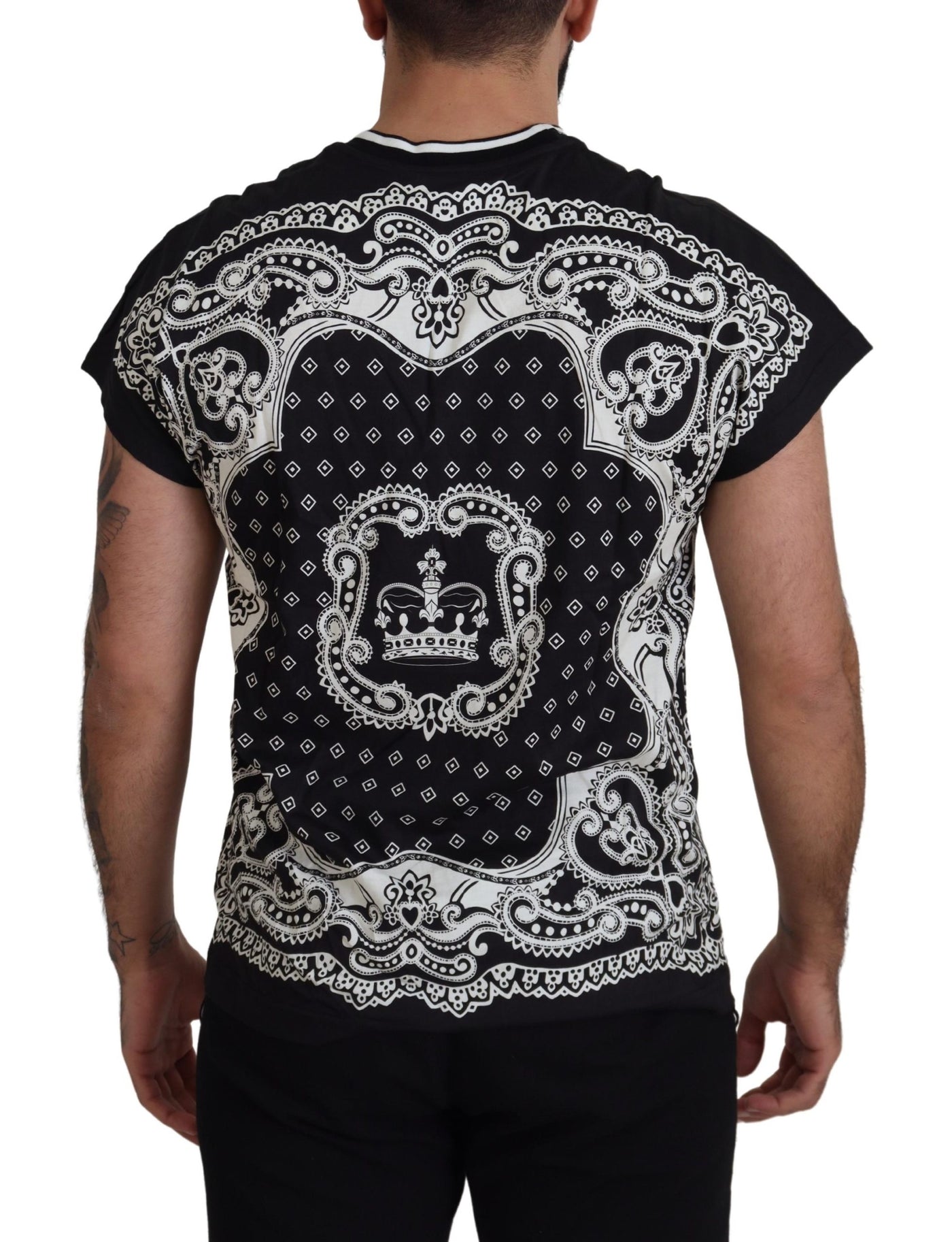 Black White Baroque Crown Logo Cotton Crewneck T-shirt