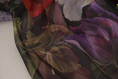 Black Floral Silk Ascot Collar Blouse Top