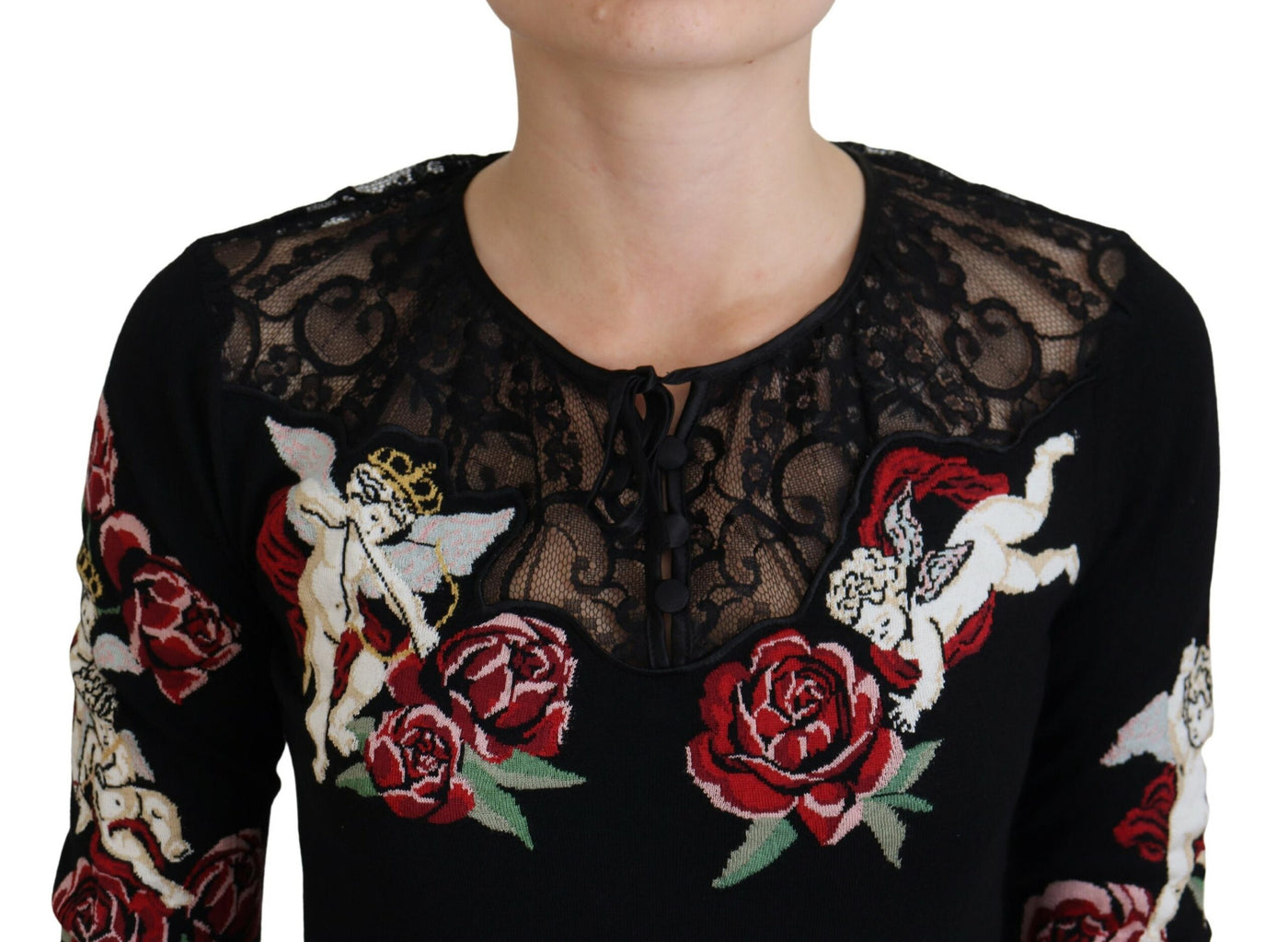 Black Silk Knit Roses Angel Pullover Sweater