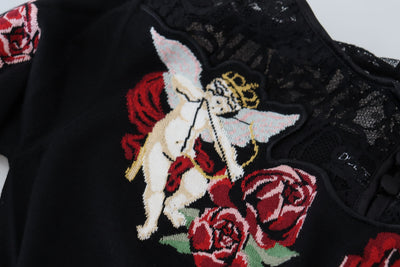 Black Silk Knit Roses Angel Pullover Sweater