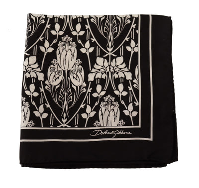 Black Floral Silk Square Handkerchief Scarf