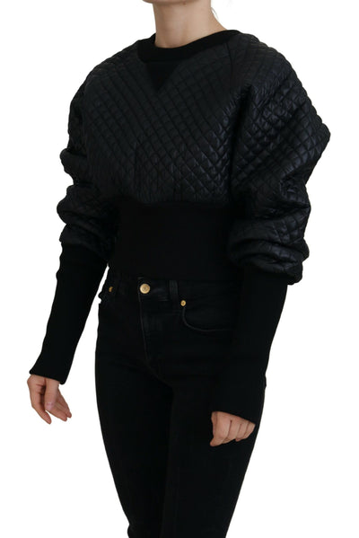 Black Nylon Quilted Crewneck Pullover Sweater