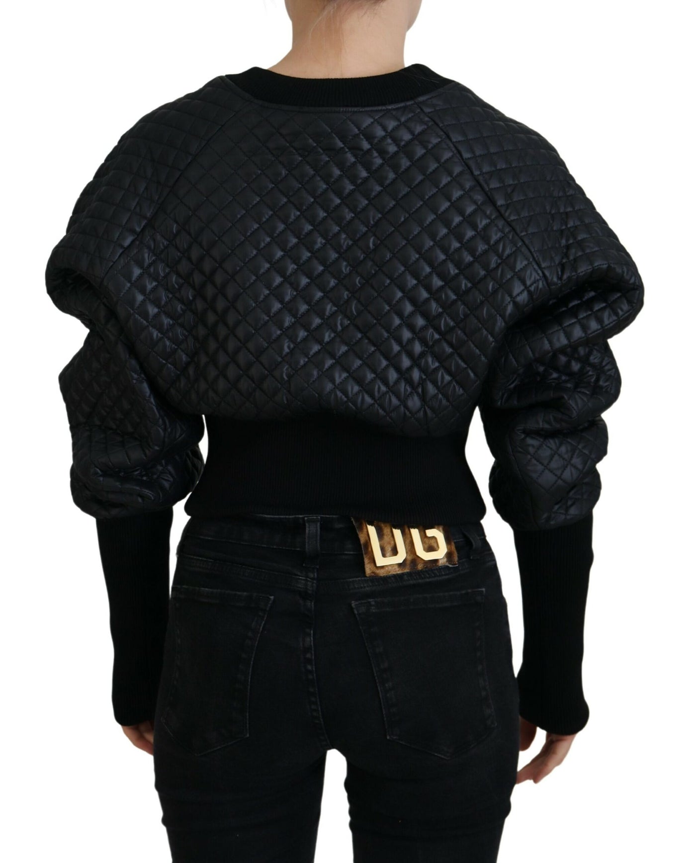 Black Nylon Quilted Crewneck Pullover Sweater