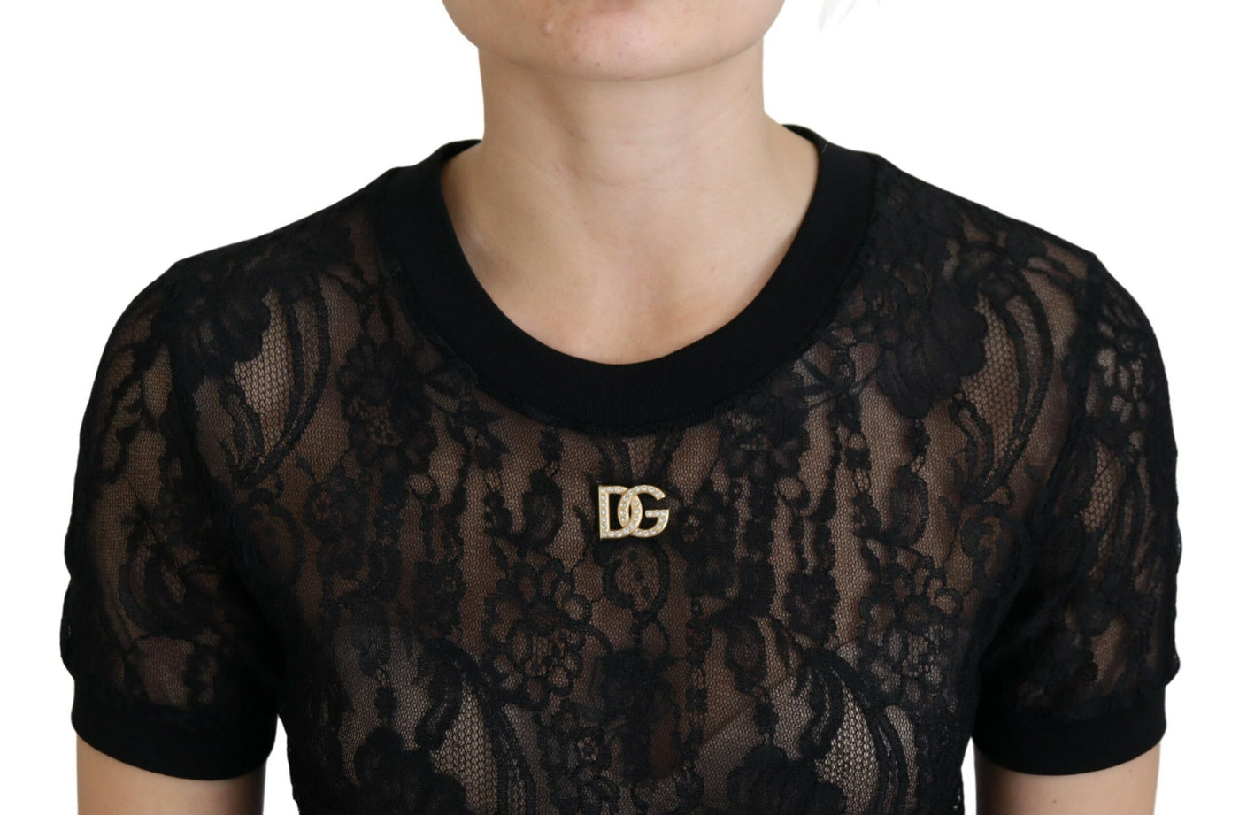 Black Floral Lace DG Logo Metal Blouse Top