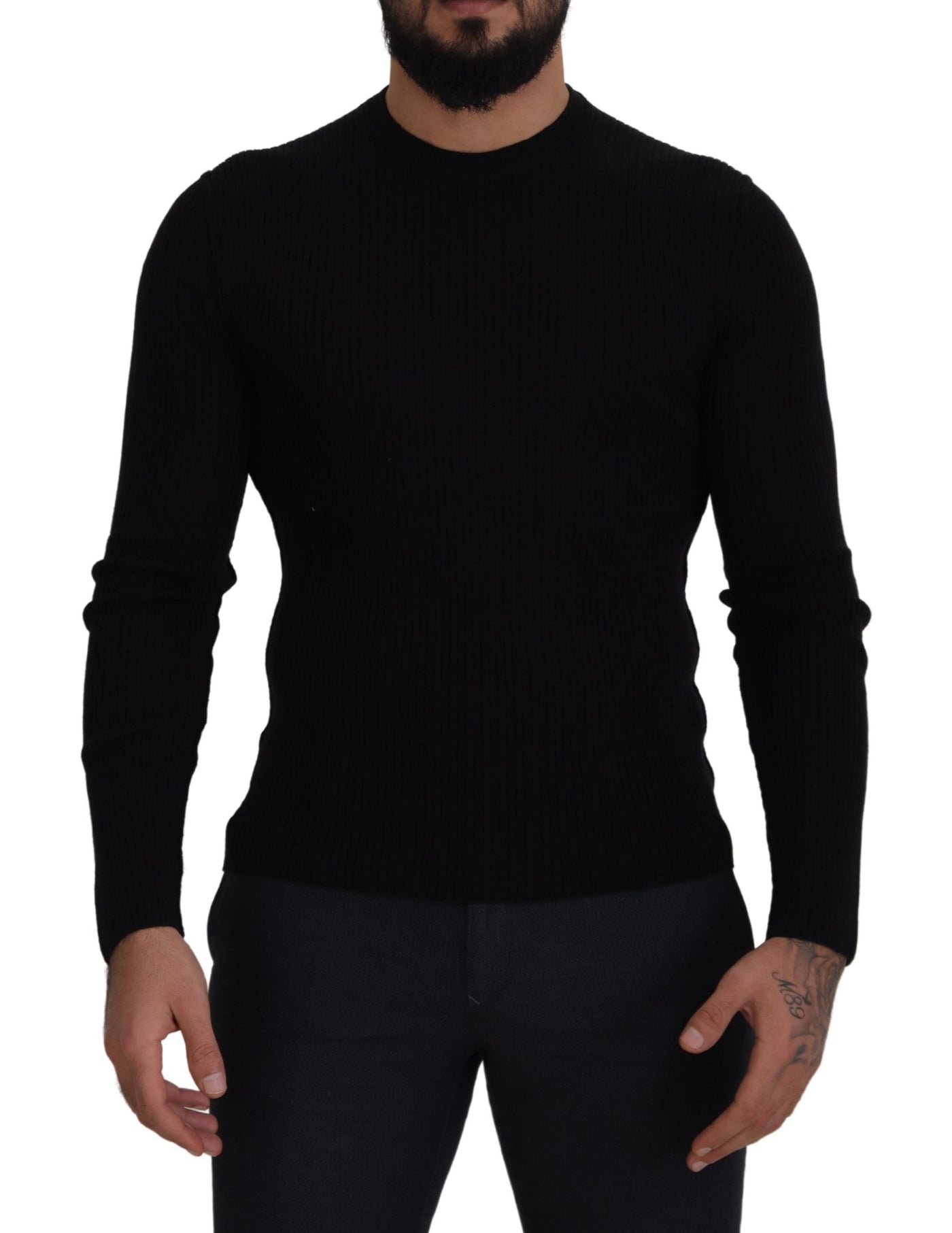 Black Wool Slim Fit Crewneck Pullover Sweater