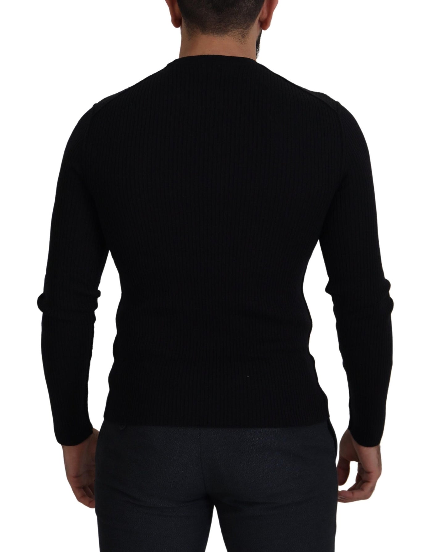 Black Wool Slim Fit Crewneck Pullover Sweater