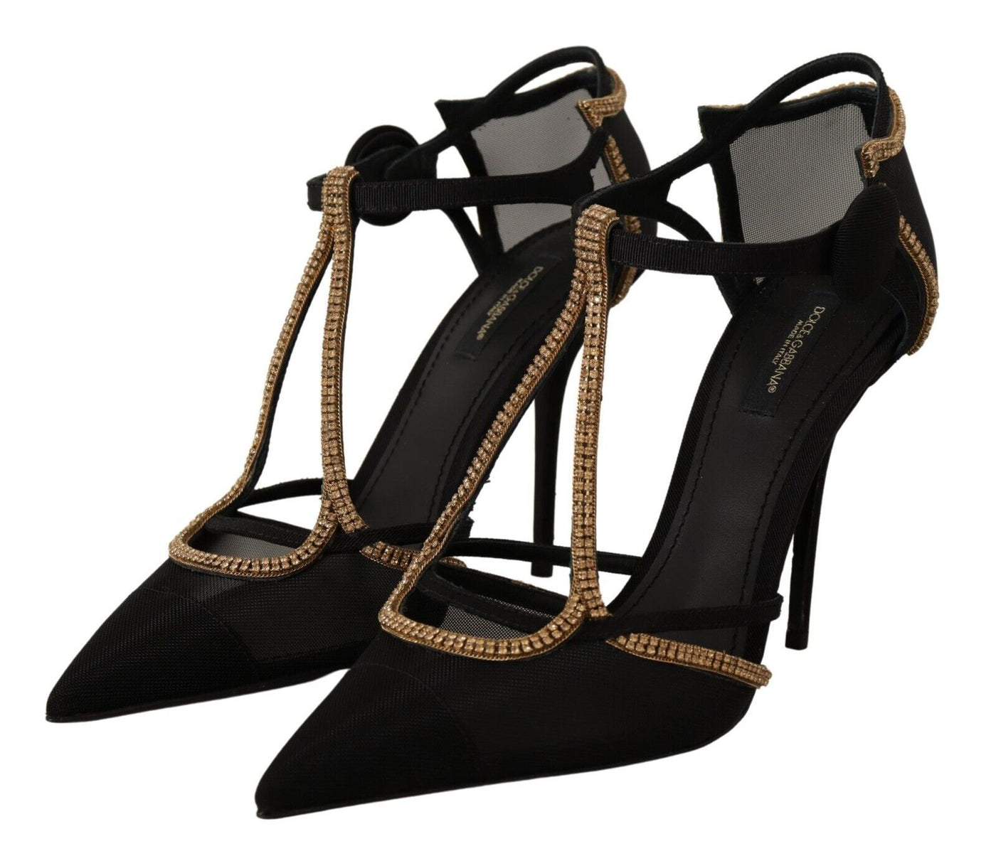 Black Crystal T-strap Heels Pumps Shoes
