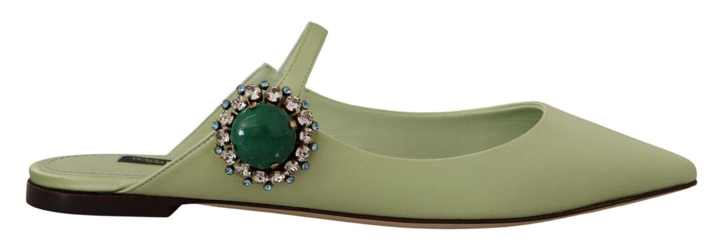 Green Leather Crystals Mule Slides Flats Shoes