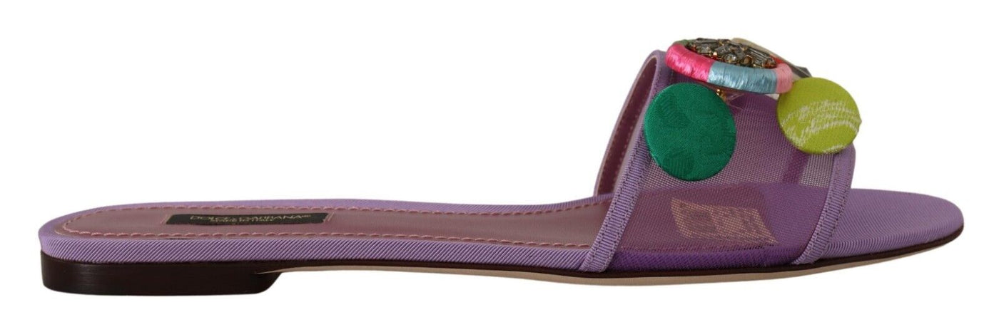 Purple Mesh Embellished Slides Flats Shoes