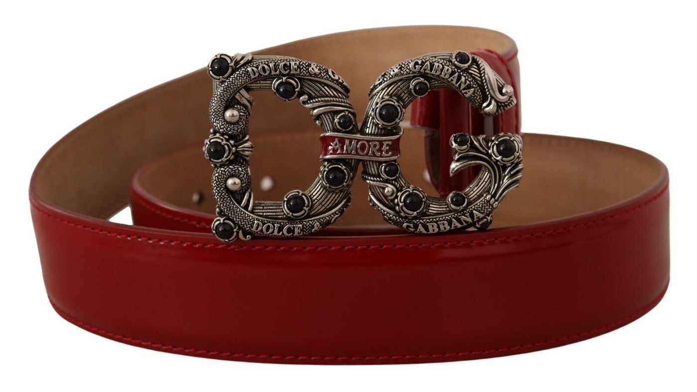 Red Leather Silver Logo Buckle Amore Belt