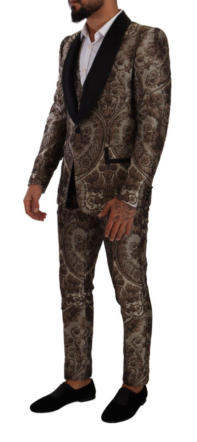 Brown Jacquard Slim Fit Breasted 3 Piece Suit