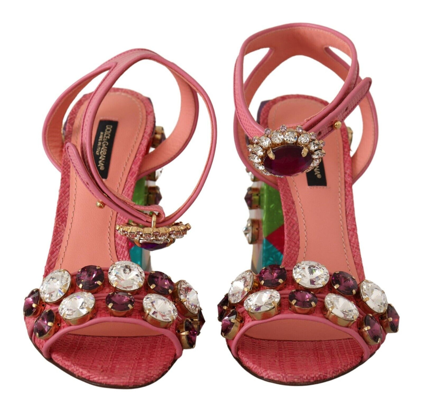 Pink Leather Crystal Block Heels Sandals Shoes