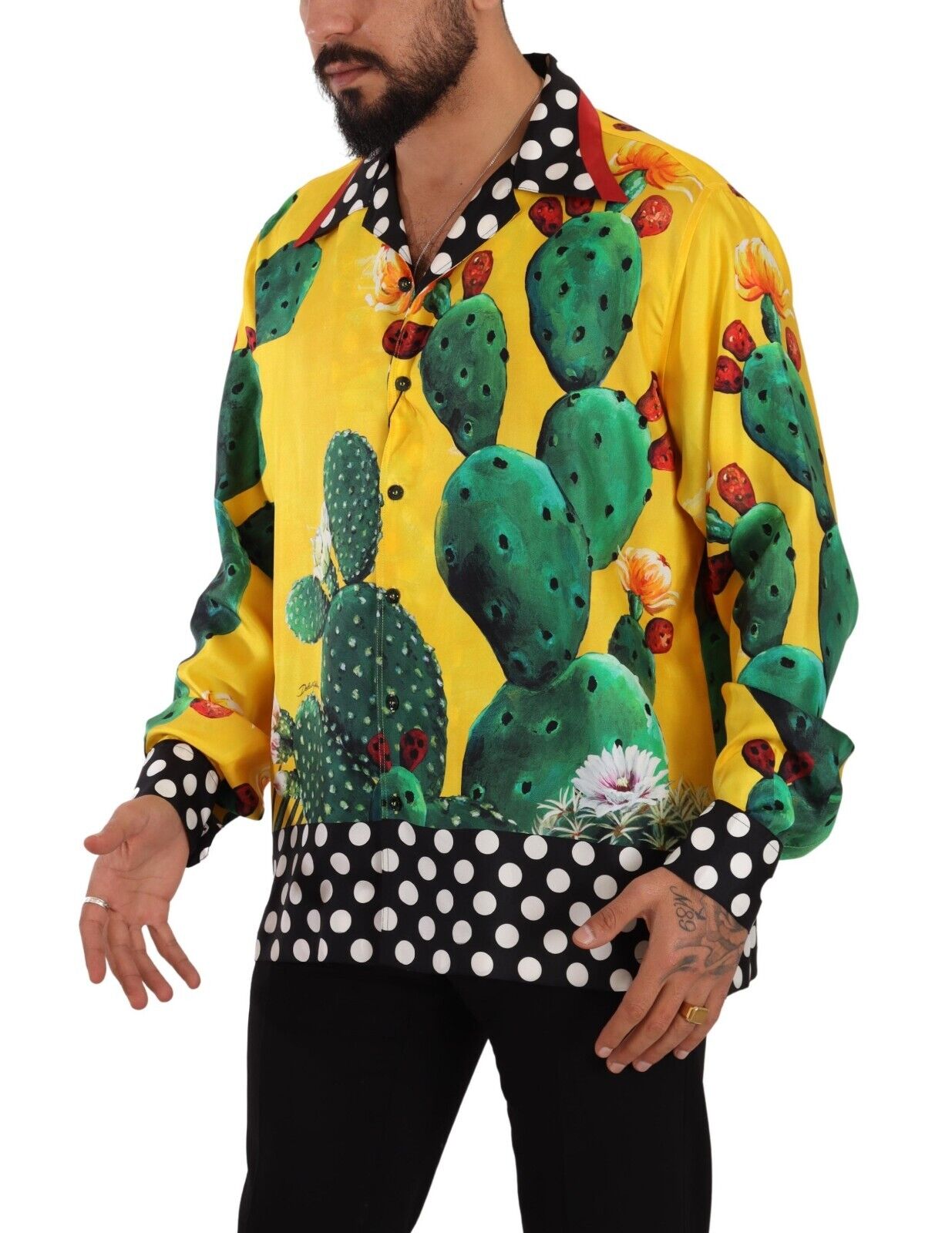 Yellow Green Cactus Silk Hawaiian Top Mens Shirt