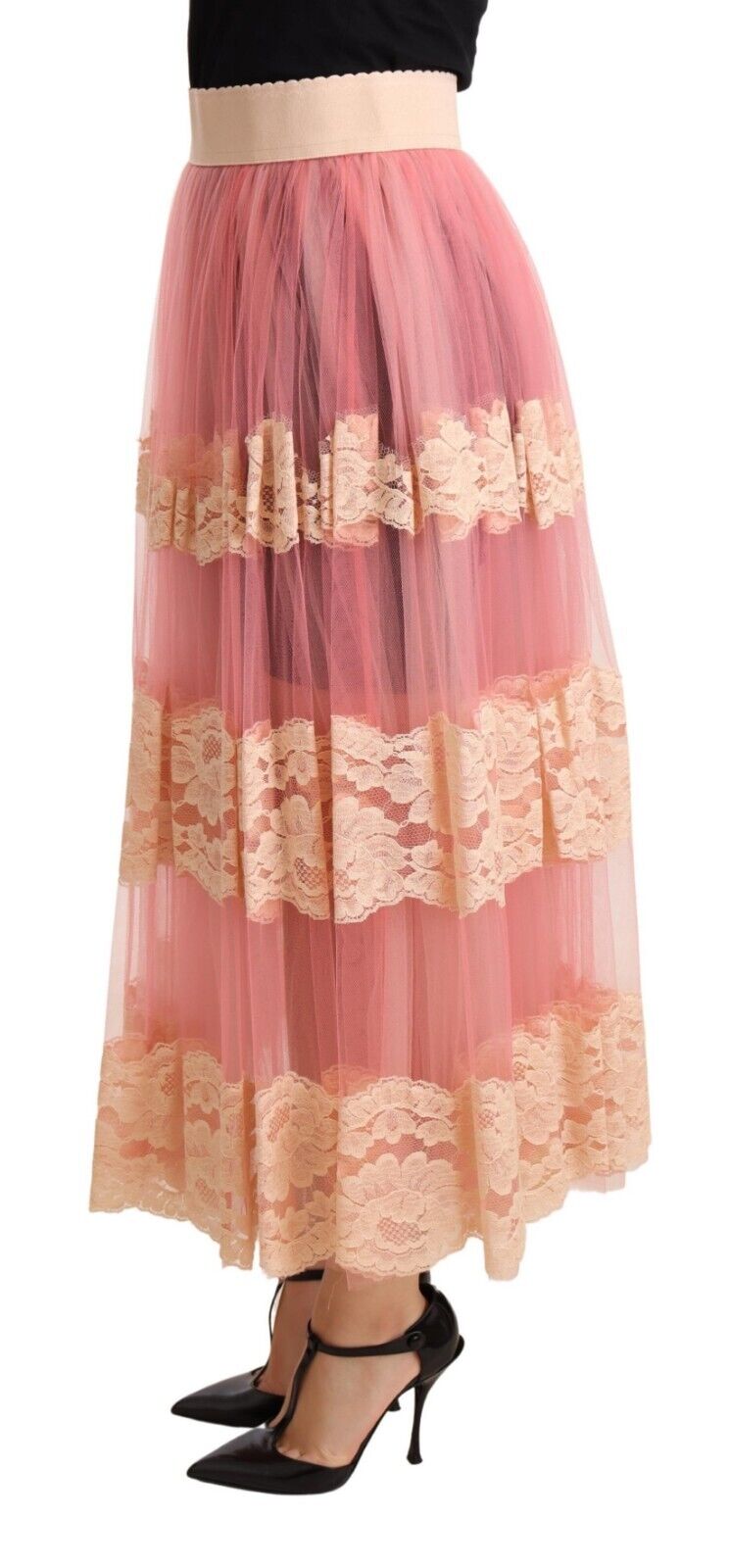 Pink Lace Nylon Mesh A-line Sheer Midi Skirt