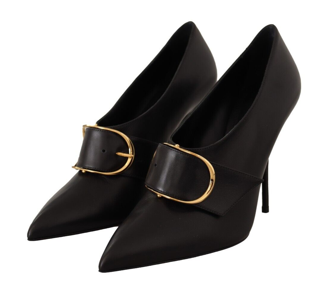 Black Leather Buckle Pointed Toe Pumps Shoes