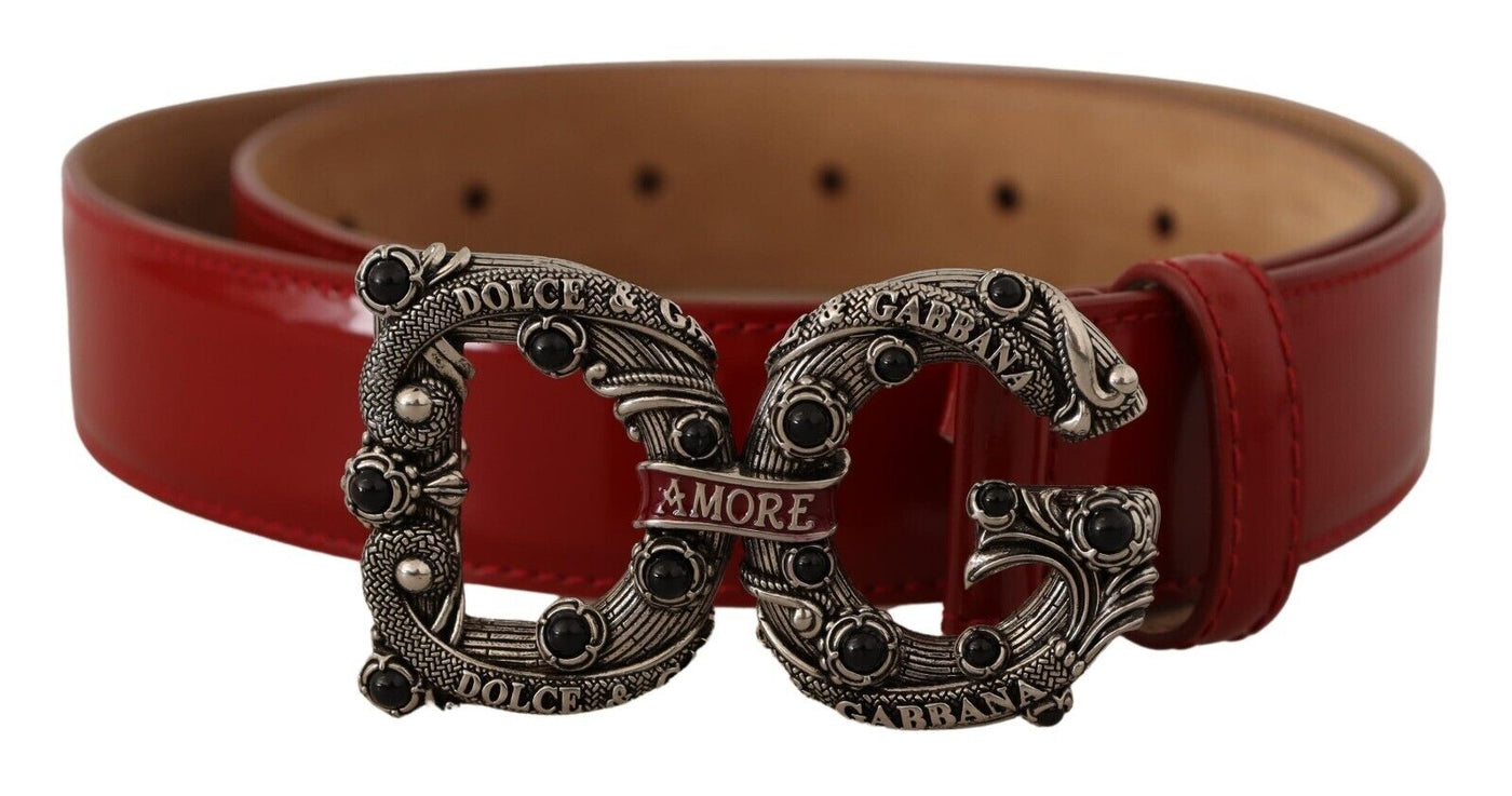 Red Leather Silver Logo Buckle Amore Belt