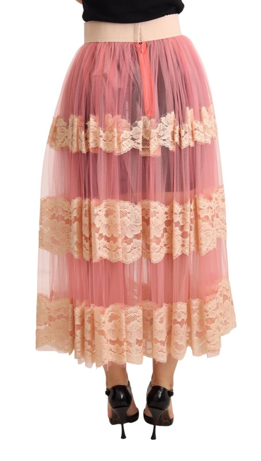 Pink Lace Nylon Mesh A-line Sheer Midi Skirt
