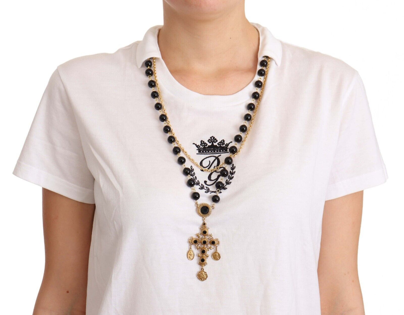 White Cotton Gold Cross Necklace  T-shirt