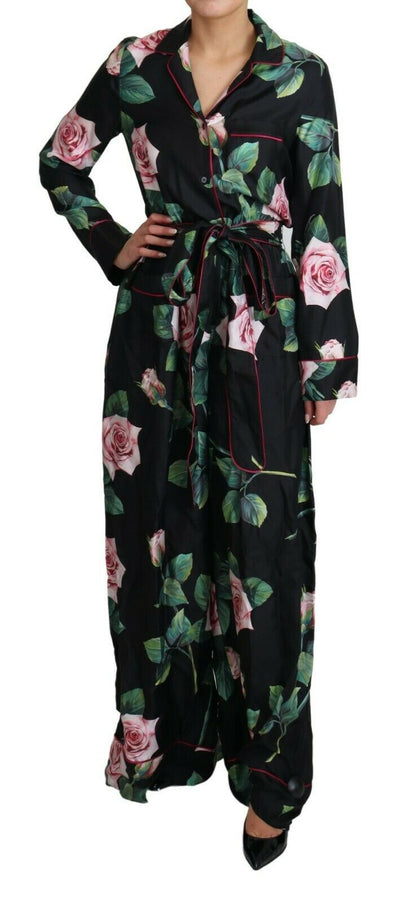 Black Rose Print Pajama Jumpsuit Silk Dress