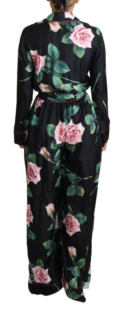 Black Rose Print Pajama Jumpsuit Silk Dress
