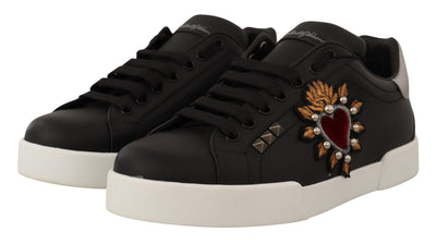 Black Leather Red Heart Casual Sneakers