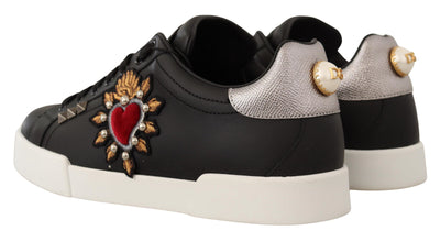 Black Leather Red Heart Casual Sneakers