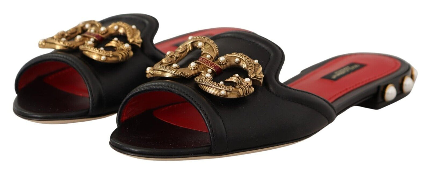 Black Leather Amore Embellished Slides Flats Shoes