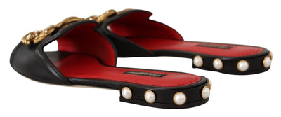 Black Leather Amore Embellished Slides Flats Shoes