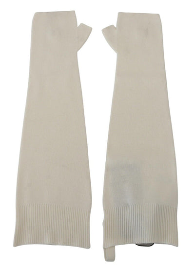 White Fingerless Elbow Length Wool Knit Gloves