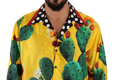 Yellow Green Cactus Silk Hawaiian Top Mens Shirt