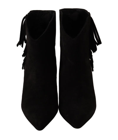 Black Suede Leather Women Ankle Boots Fringes Shoes